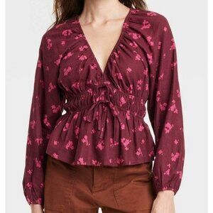 Universal Thread Women's Puff Long Sleeve Tie-Front Blouse Floral Medium